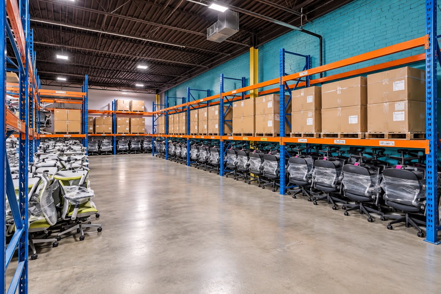 Racked cartons and stored office chairs in a storage bay at JA Transportation & Warehousing