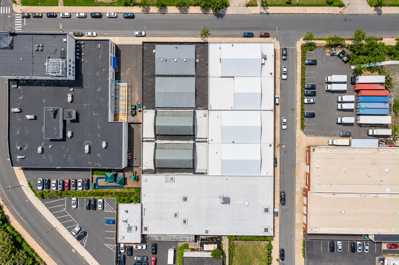 Aerial view of the JA Transportation & Warehousing Philadelphia warehouse buildings and truck parking
