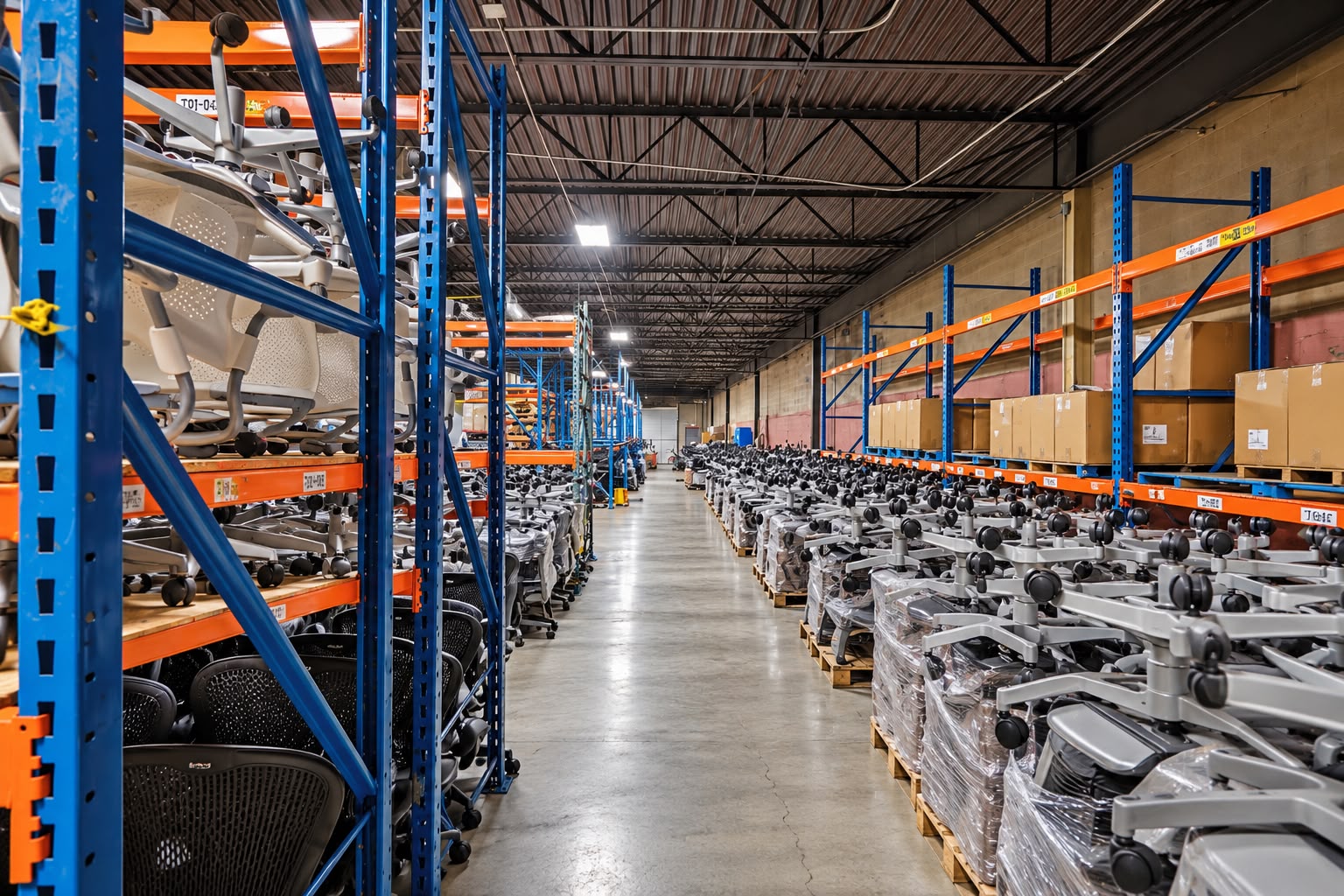 Pallet racks storing office furniture and chairs inside the JA Philadelphia warehouse