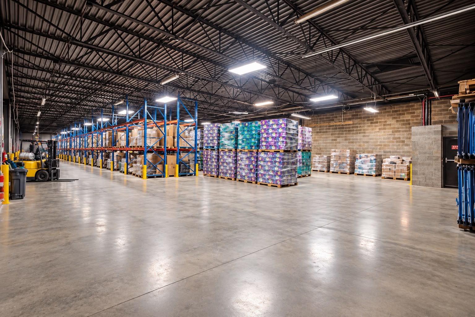 Long pallet racking aisle with stored pallets inside the JA Philadelphia warehouse