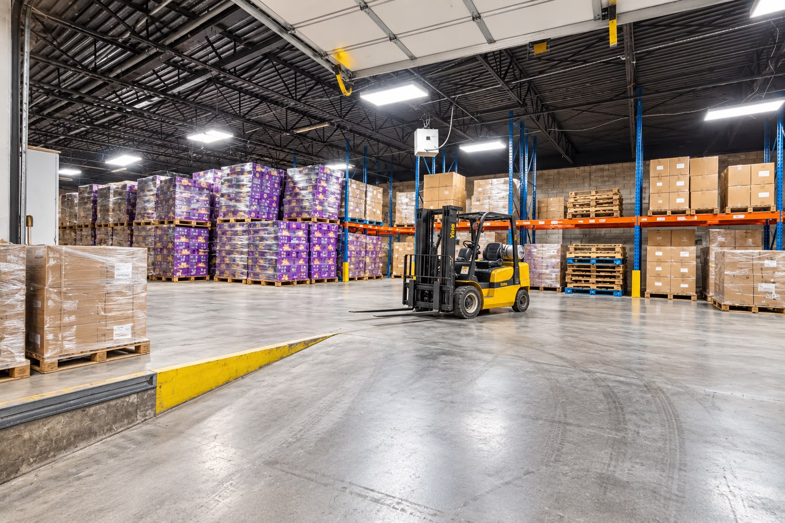 Forklift moving pallets beside a dock plate in the JA Philadelphia warehouse staging area