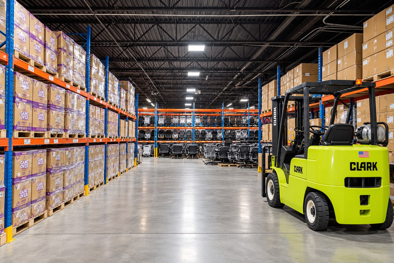 Clark forklift next to full pallet racks of cartons at JA Transportation & Warehousing