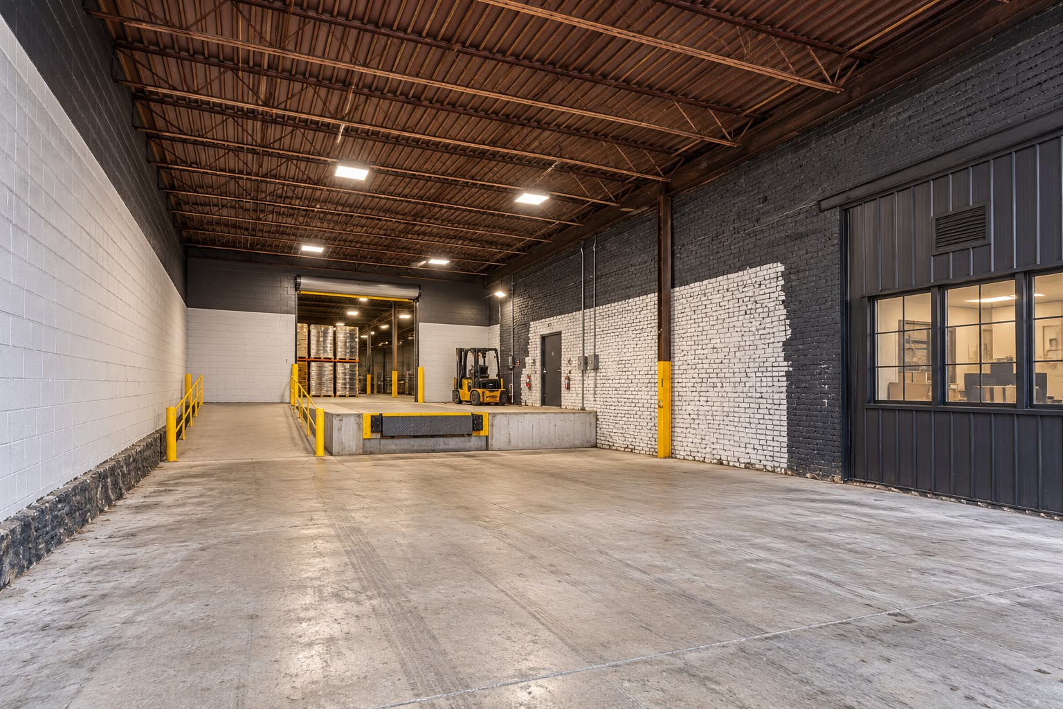 Loading dock with dock leveler and yellow safety bollards at the JA Philadelphia warehouse