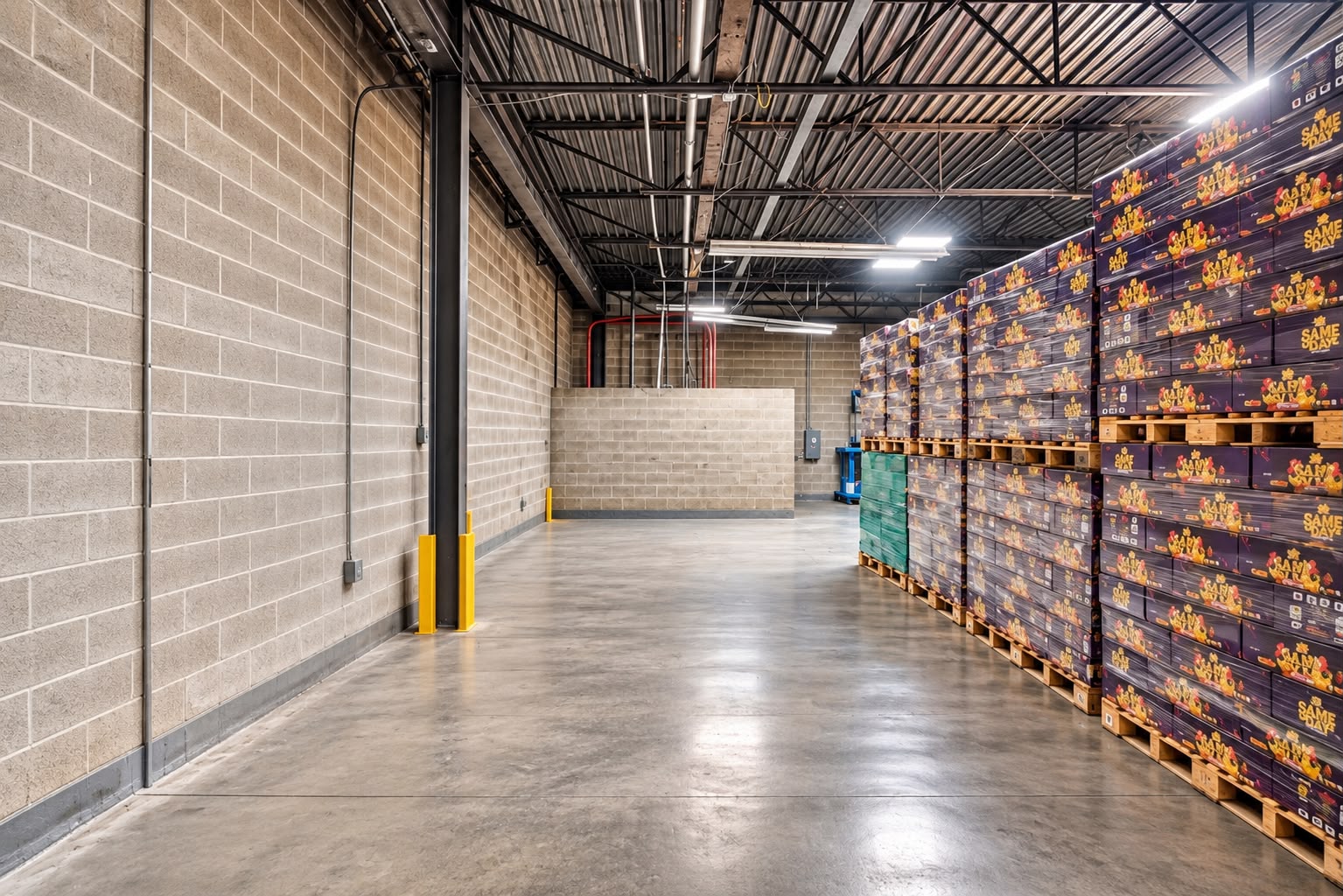 Floor-stacked pallets of cartons along a block wall in the JA Philadelphia warehouse