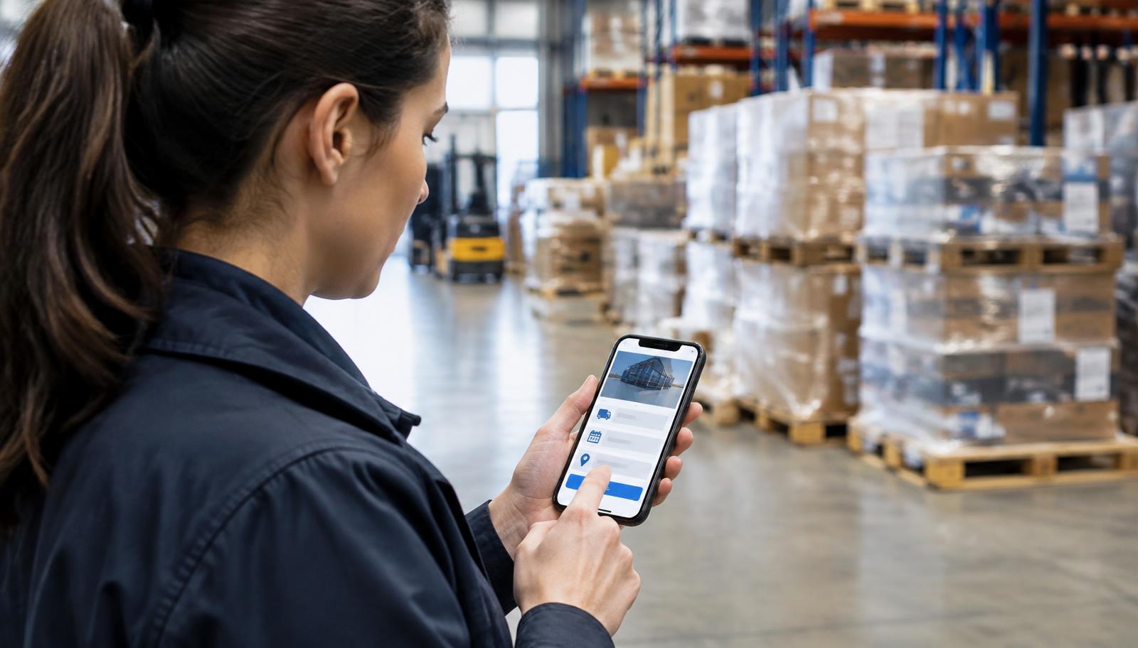 Customer booking warehouse services online with a smartphone in a warehouse