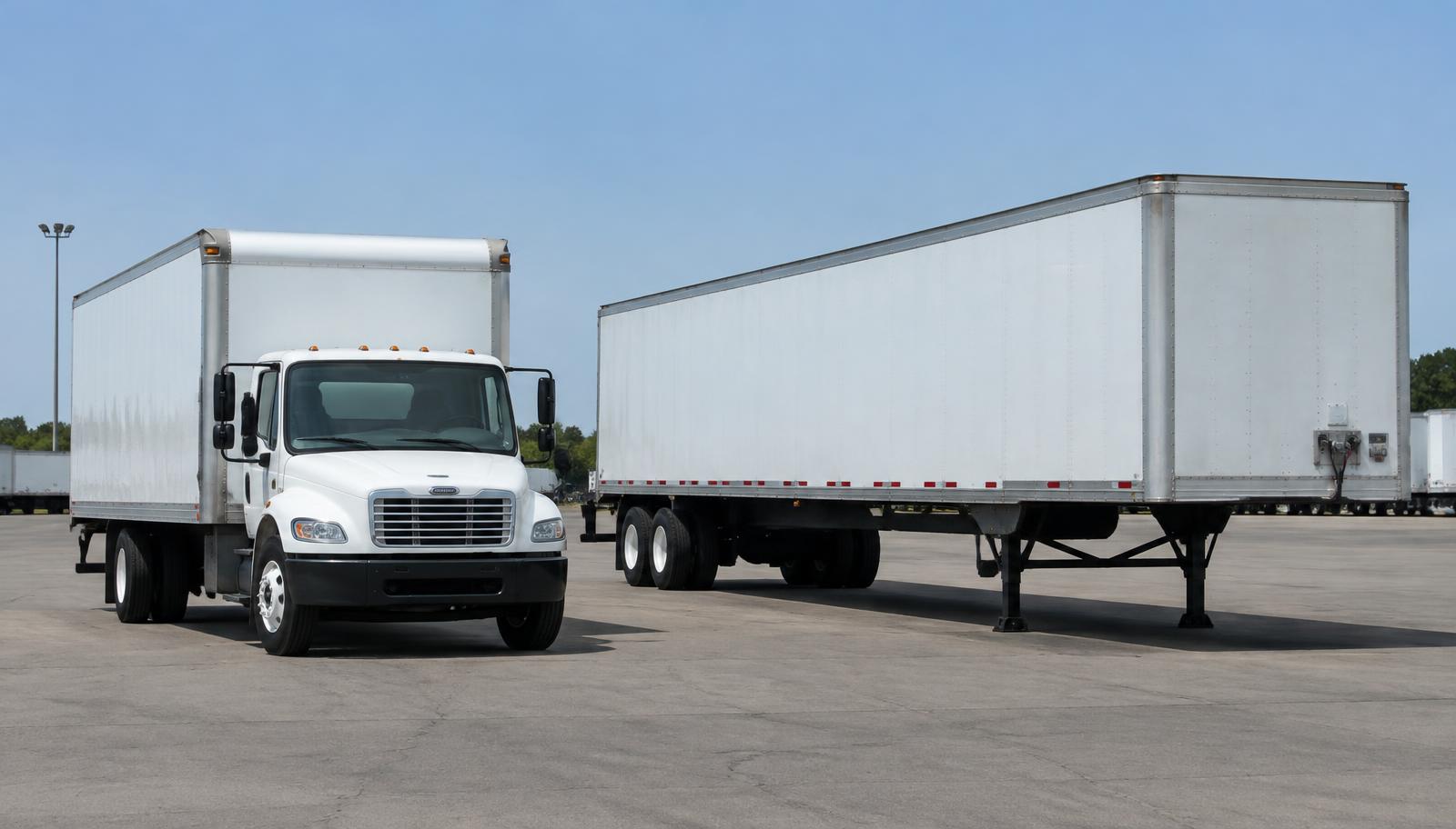 26 ft box truck parked beside a 53 ft dry van trailer for size comparison