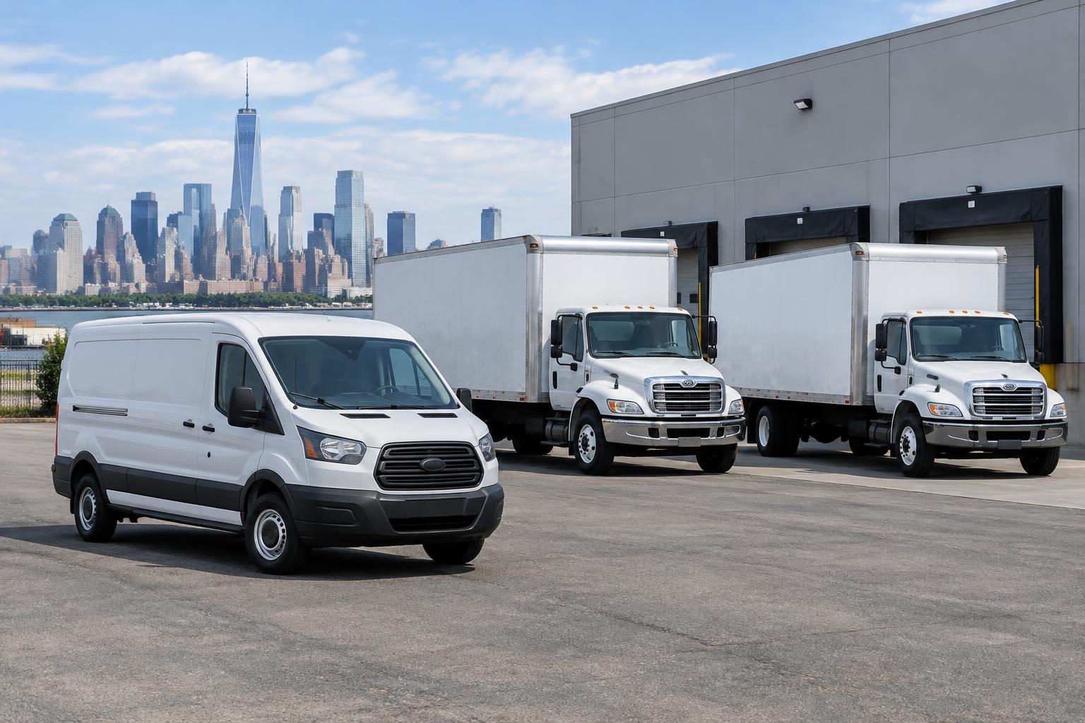 Cargo van and box trucks in a dispatch yard (representative generated image)