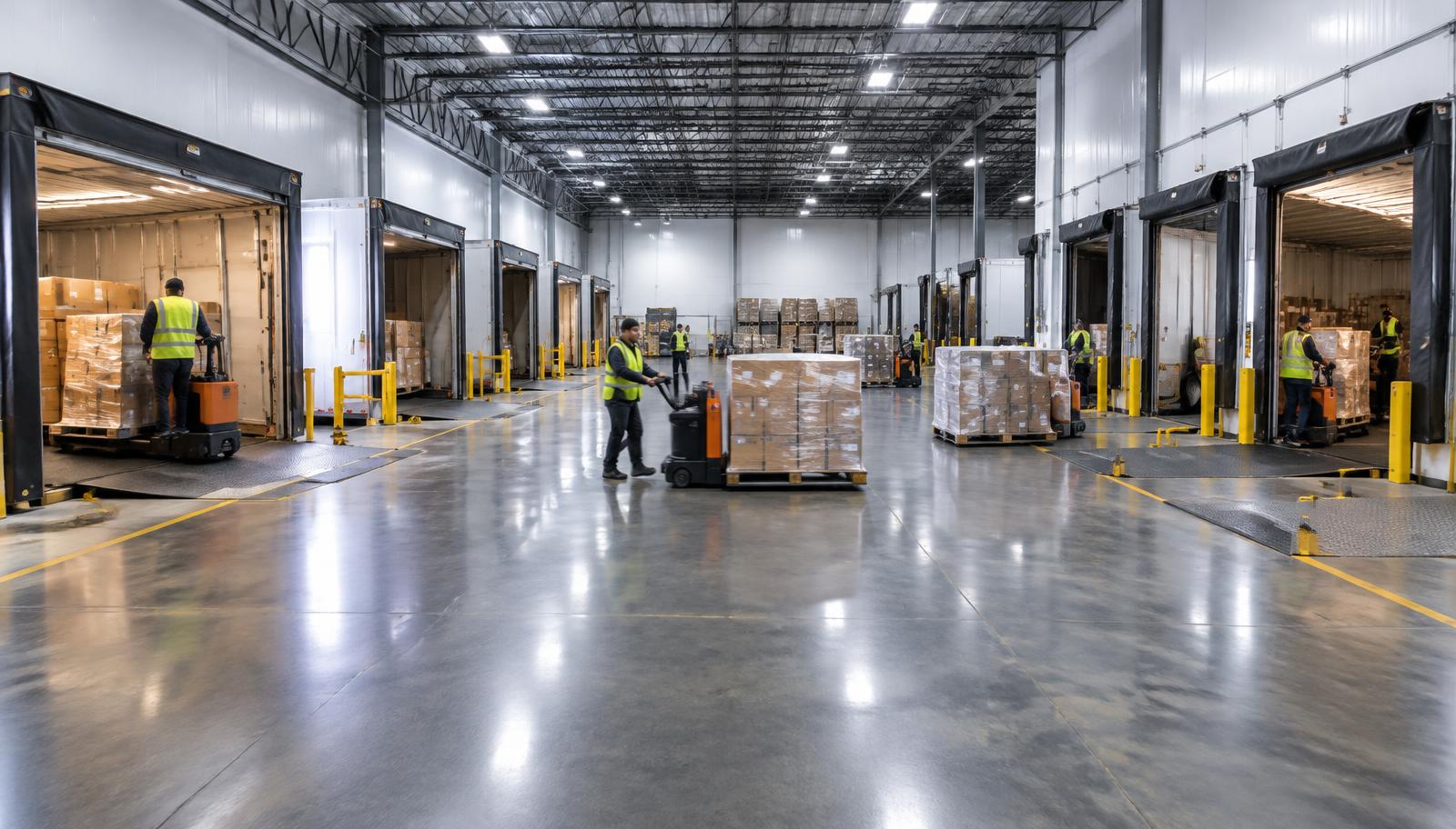 Cross-docking warehouse moving pallets from inbound to outbound trailer doors