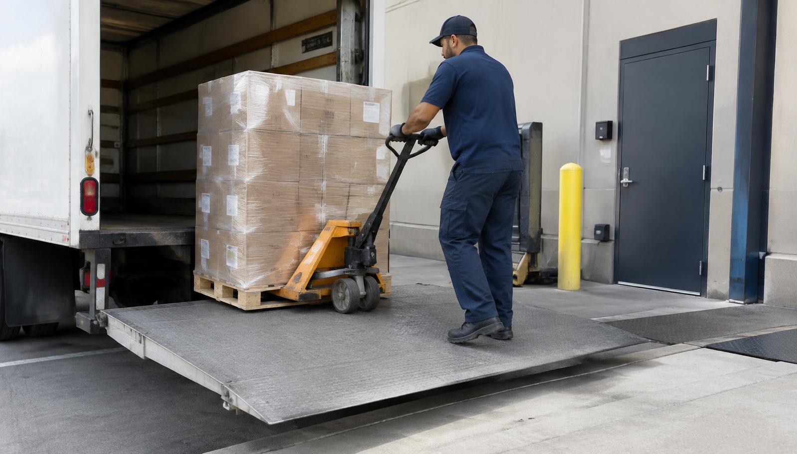 Driver unloading a pallet with a pallet jack from a box truck liftgate on delivery day