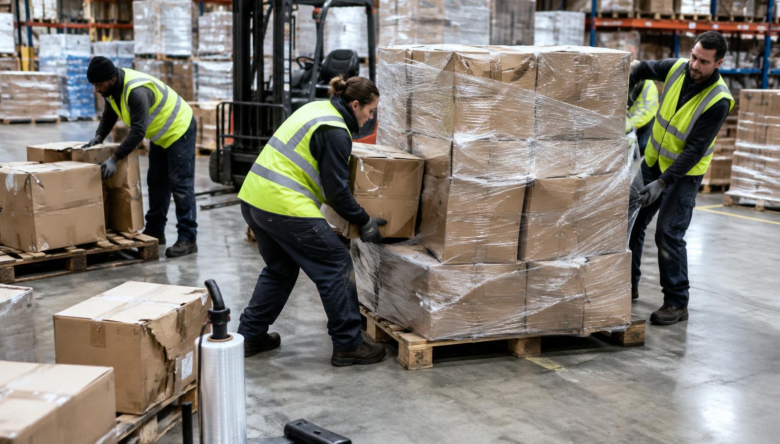 Warehouse crew re-stacking and stretch wrapping damaged freight pallets