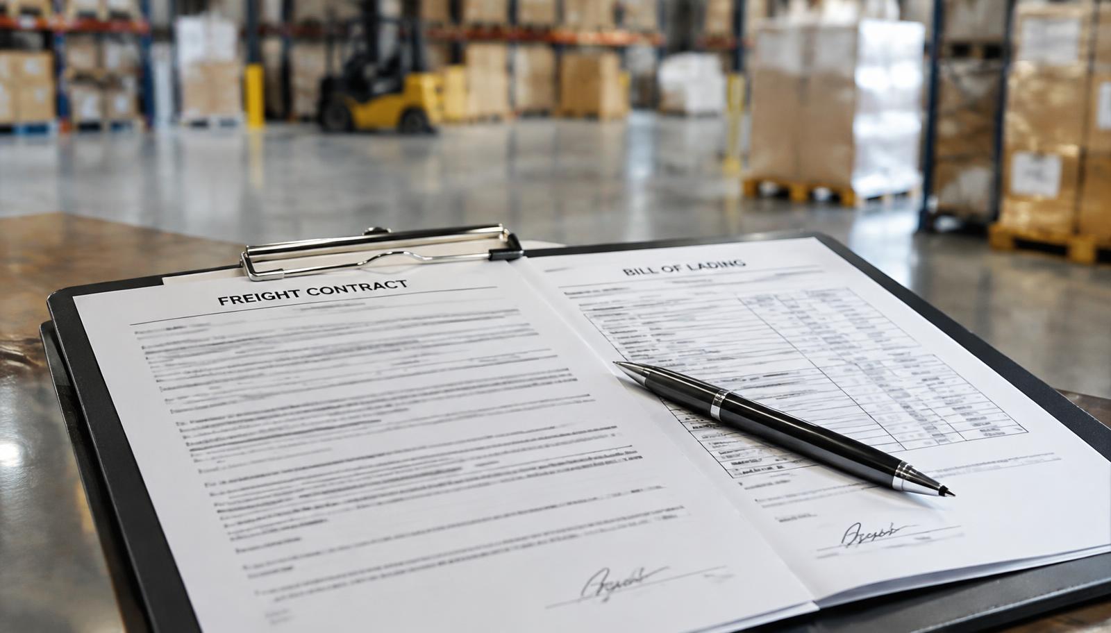 Freight contract and bill of lading on a clipboard in a warehouse