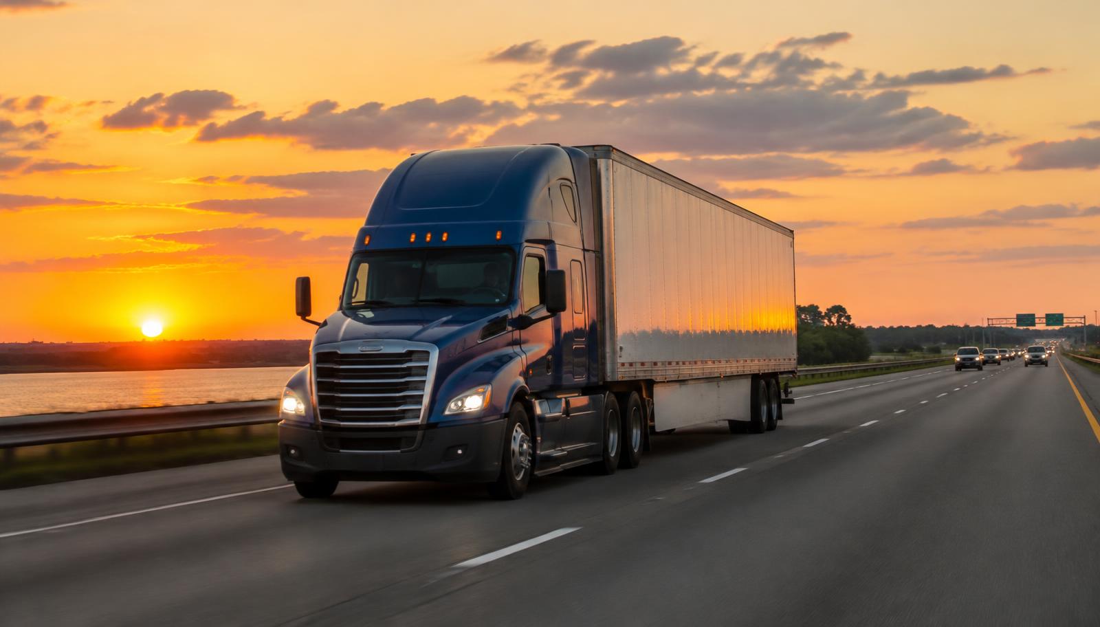 Semi truck hauling a dry van trailer on the I-95 freight corridor at sunset