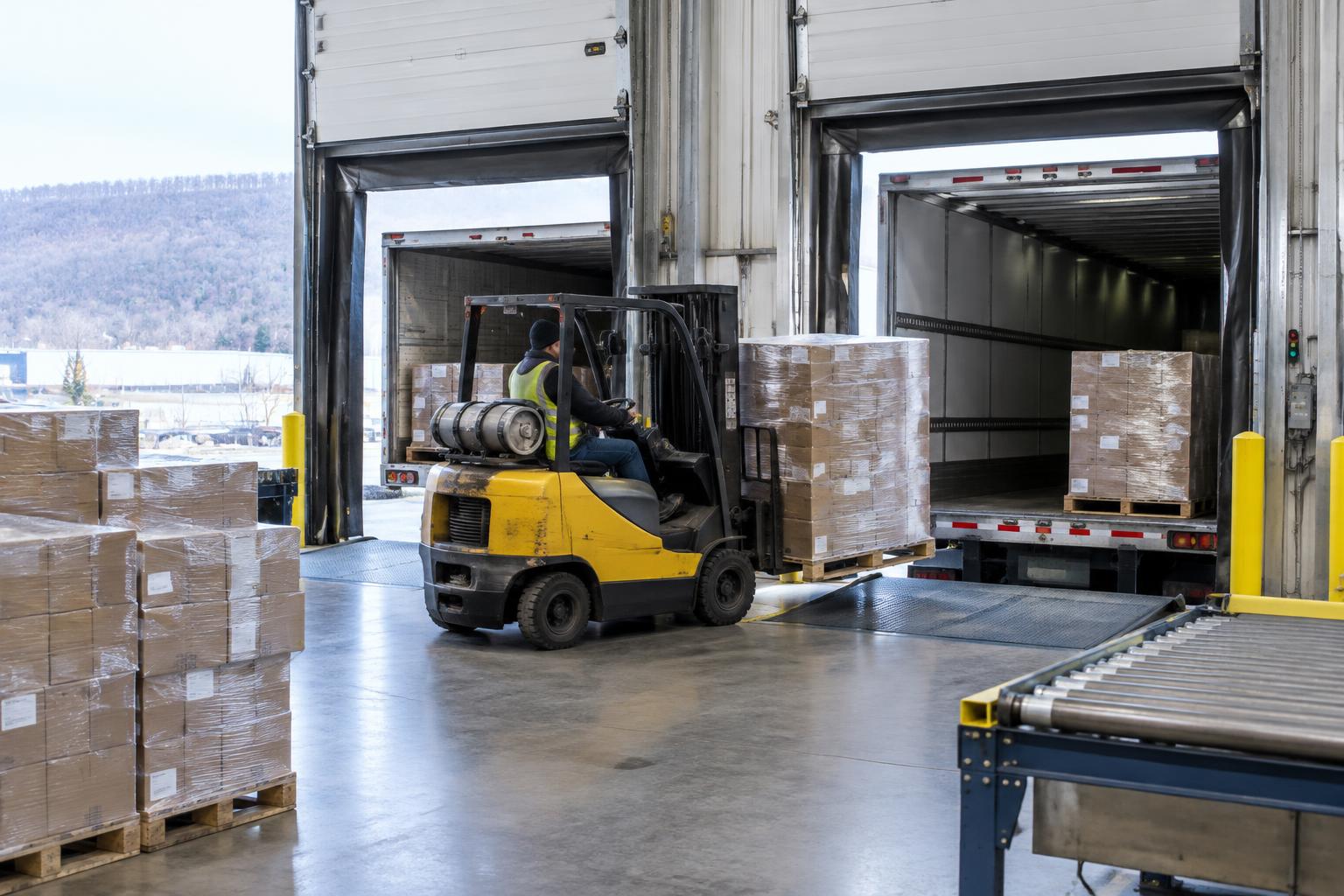 Forklift transferring wrapped freight pallets between trailer loading doors (representative cross-docking image)