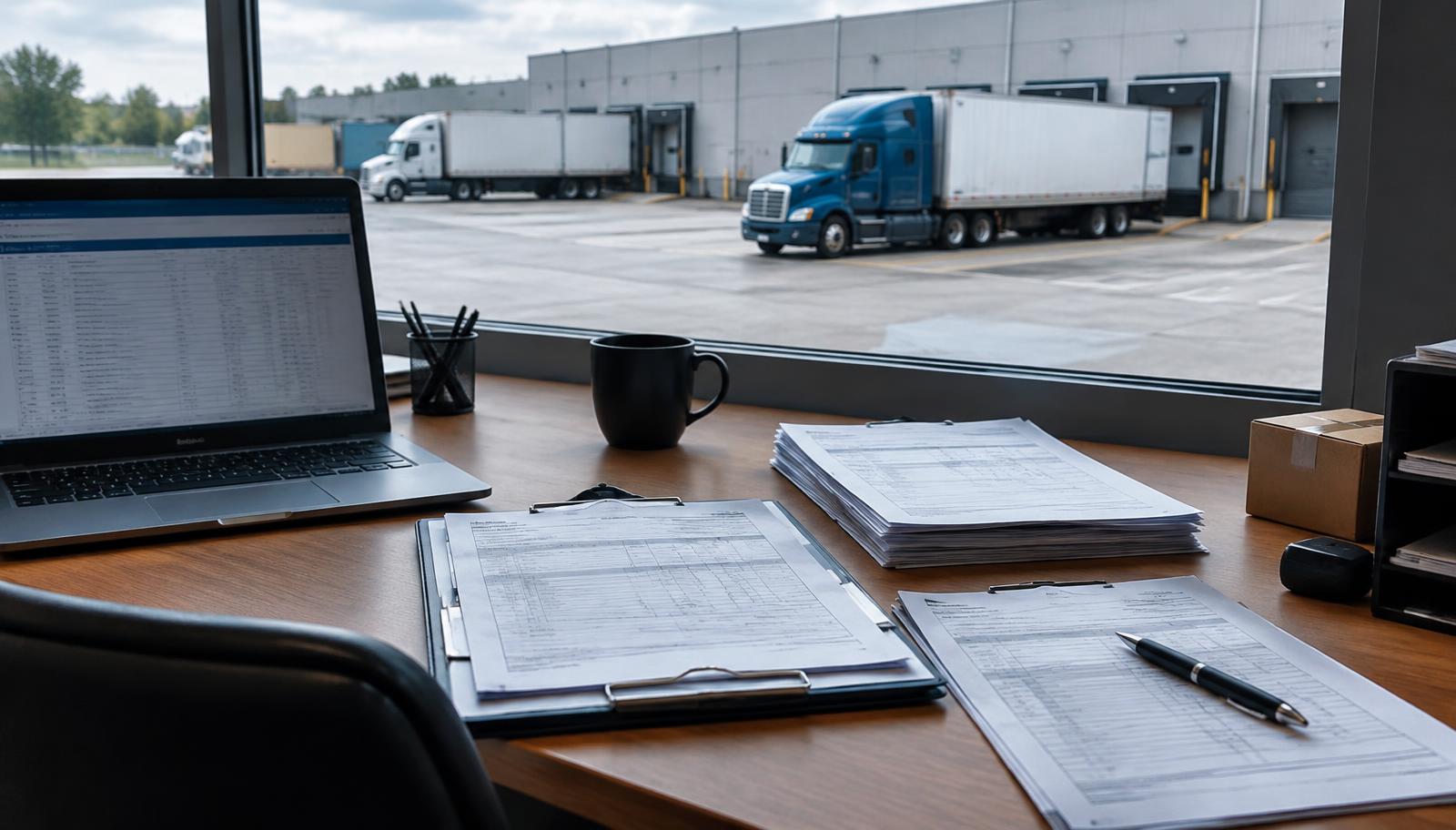 Logistics desk with shipping paperwork and laptop overlooking trucks at warehouse docks