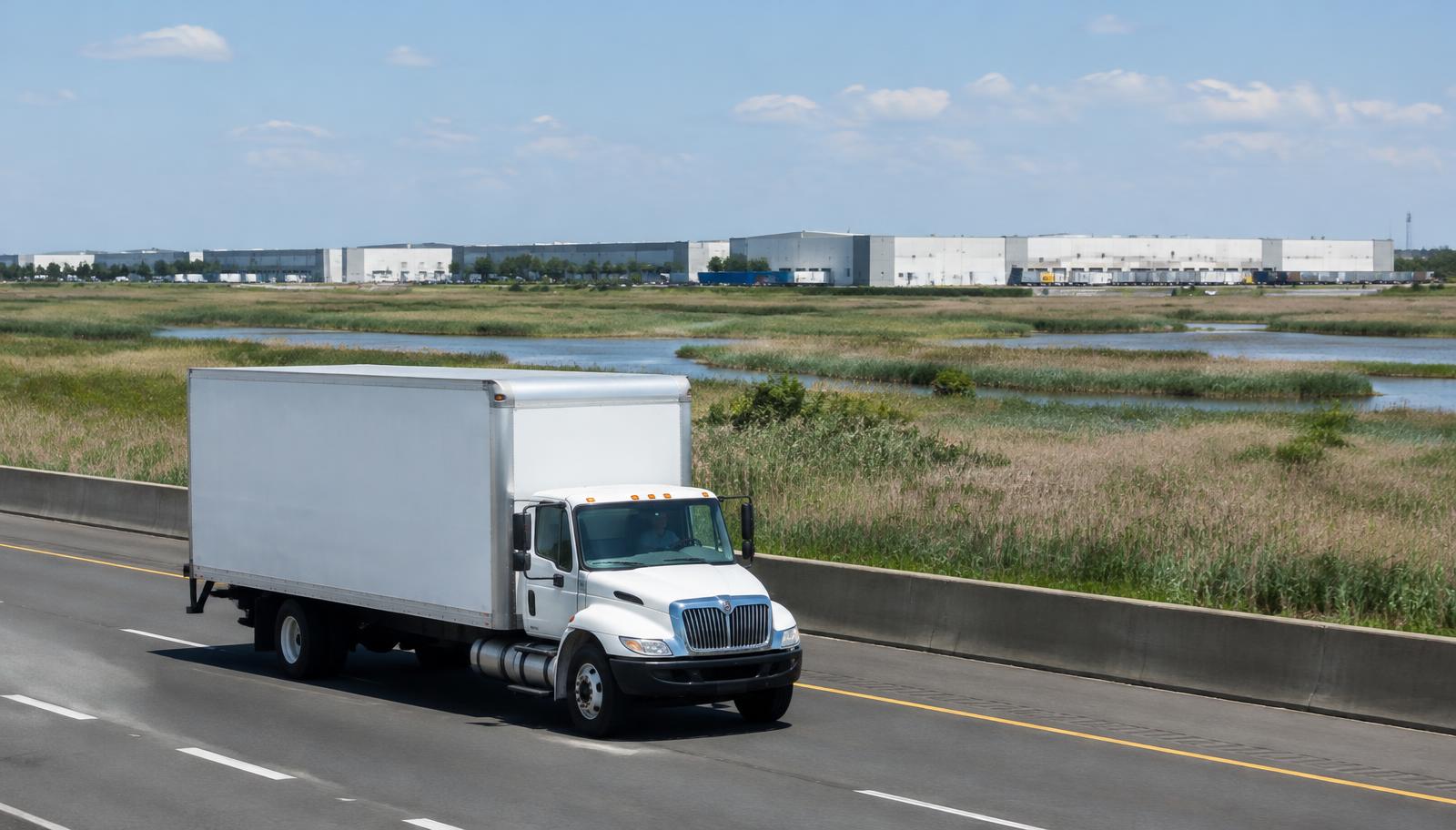 Box truck on the New Jersey Turnpike past distribution warehouses