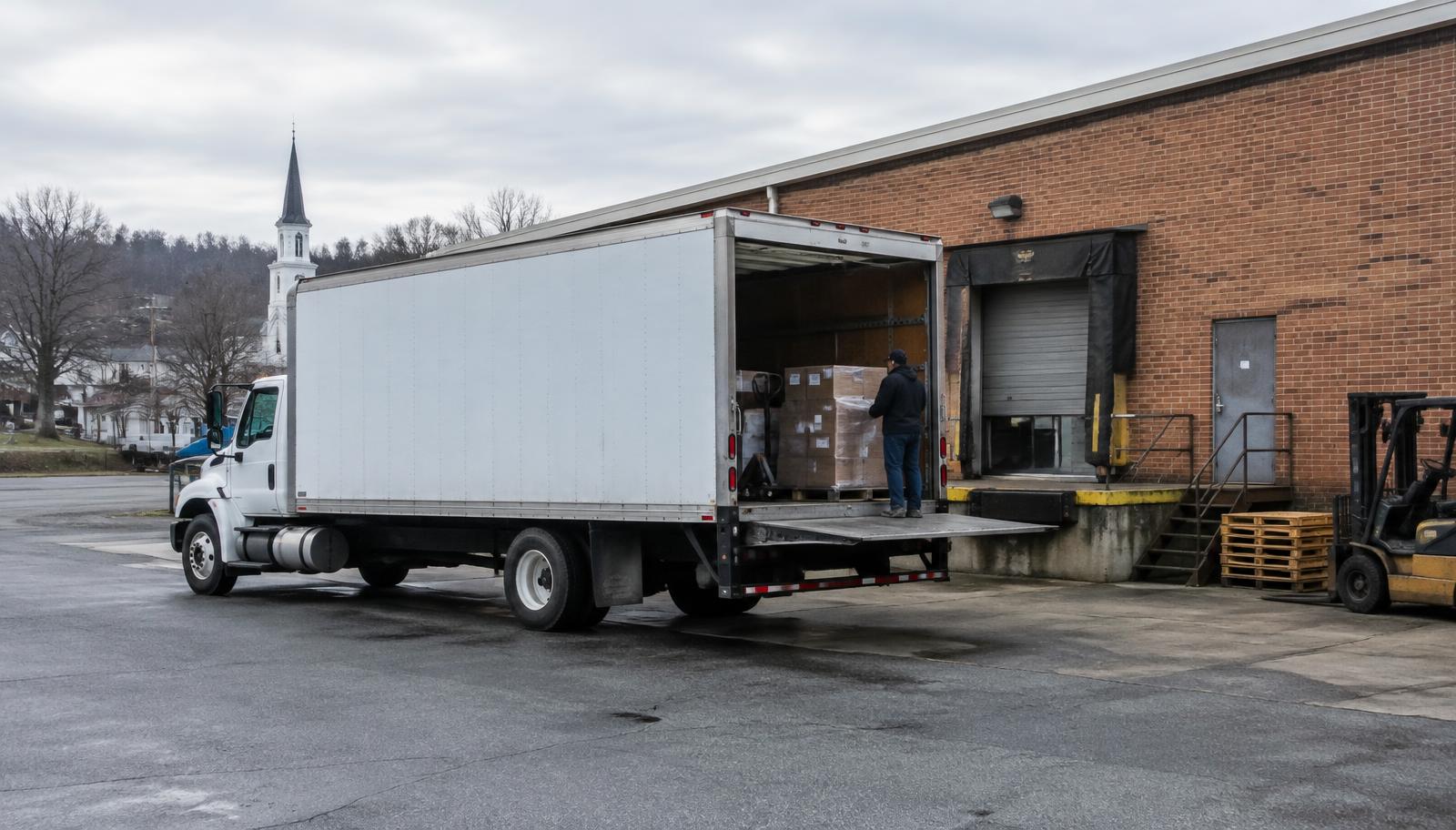 Box truck delivering pallets to a brick warehouse in northern Maryland