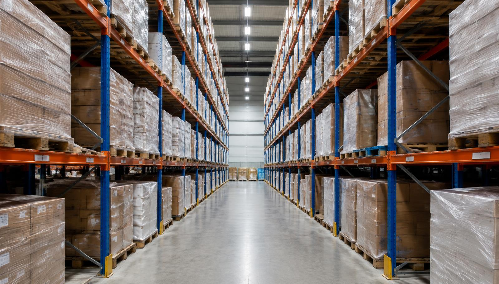 Warehouse pallet racking aisle with shrink-wrapped pallets in storage
