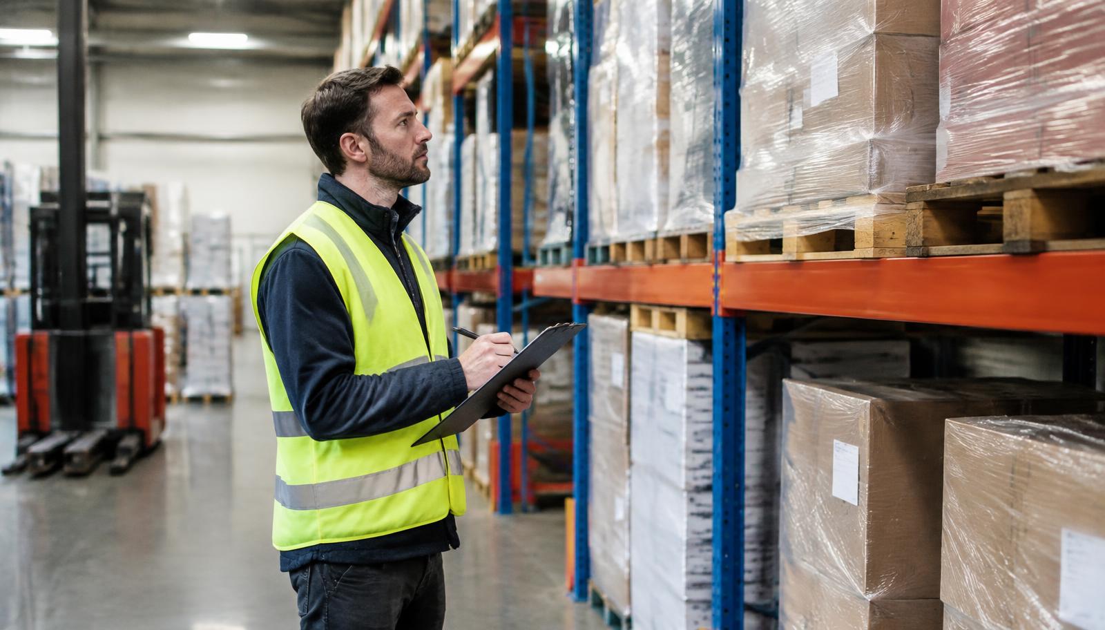 Warehouse manager counting stored pallets to estimate monthly pallet storage cost