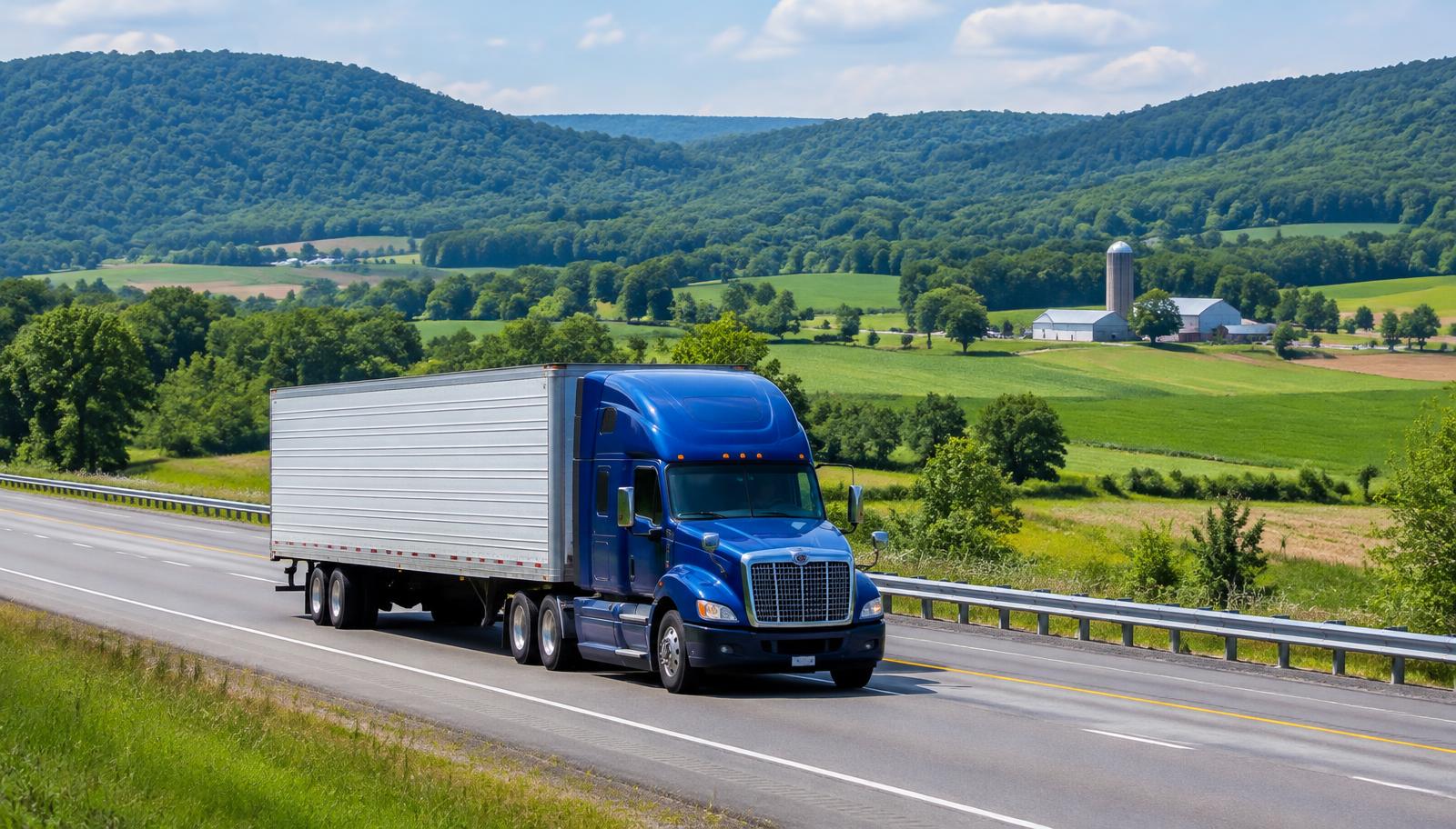 Semi truck on a Pennsylvania highway through rolling farmland