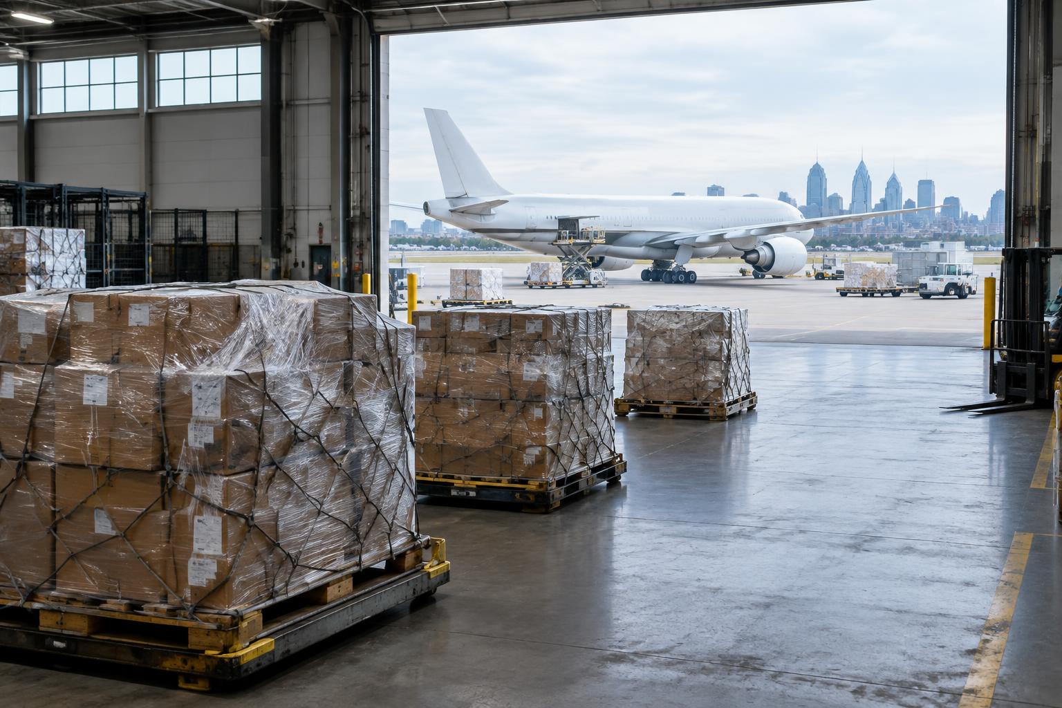 Palletized freight at an airport cargo warehouse with an aircraft outside (representative image)