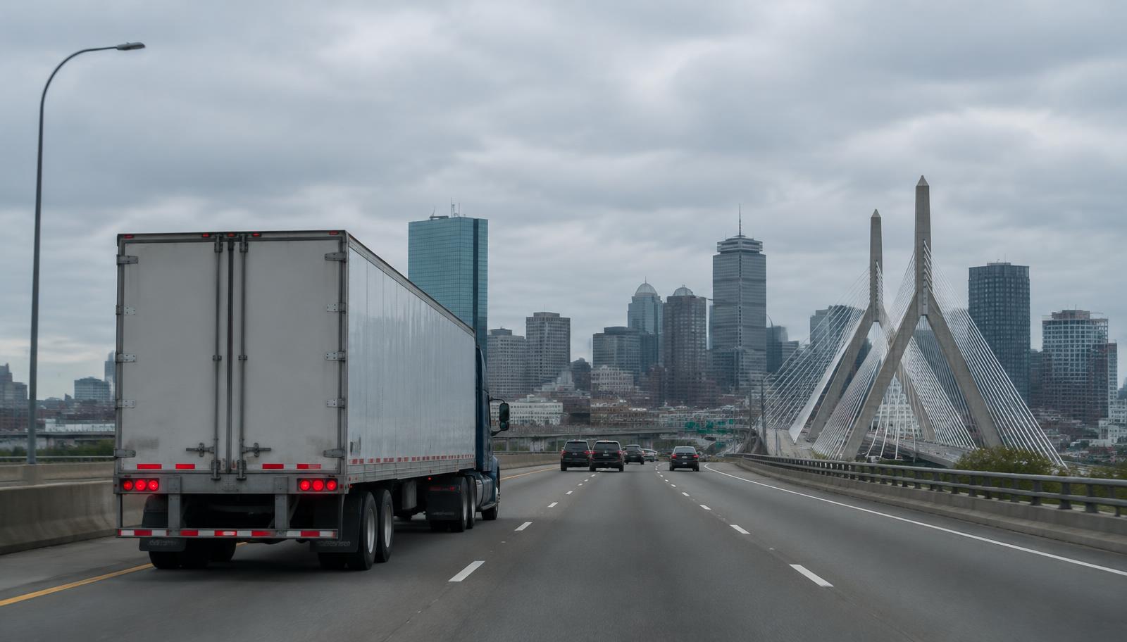 Tractor trailer approaching the Boston skyline and Zakim Bridge