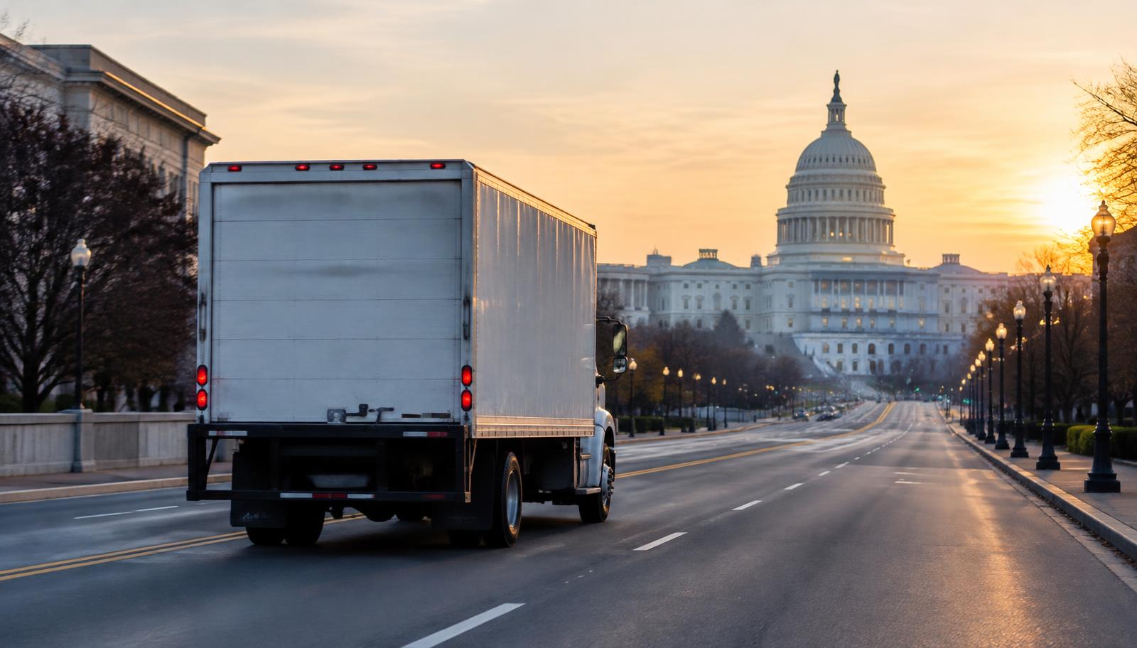 Box truck delivering freight toward the US Capitol in Washington, DC