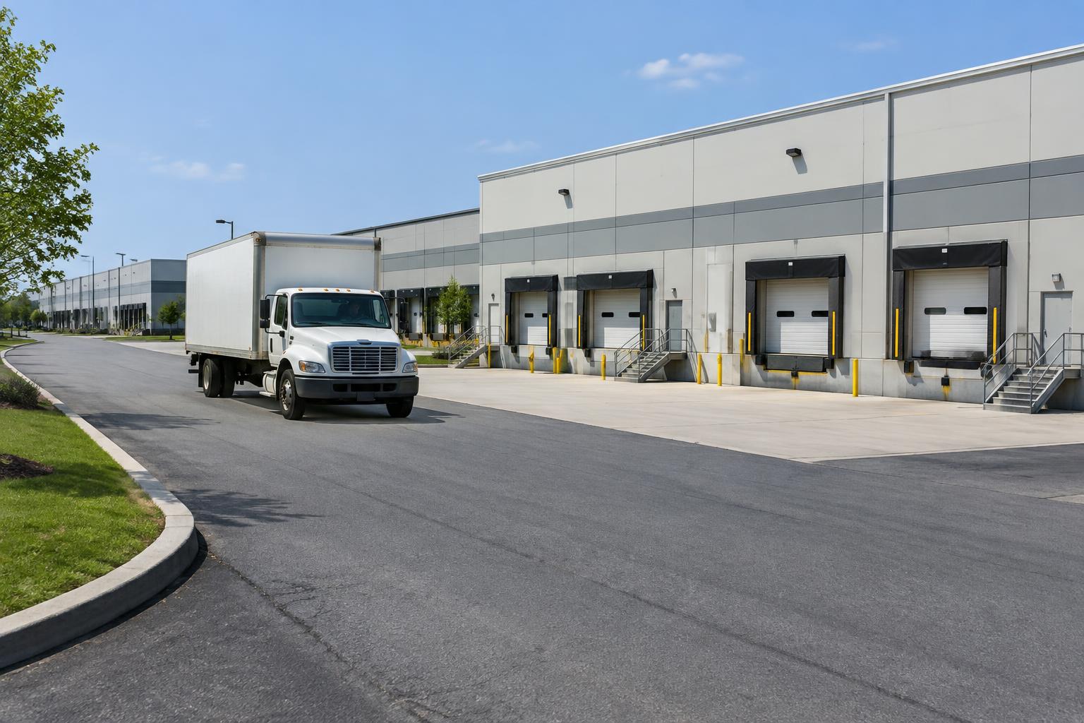Box truck beside industrial distribution buildings (representative South Jersey freight image)