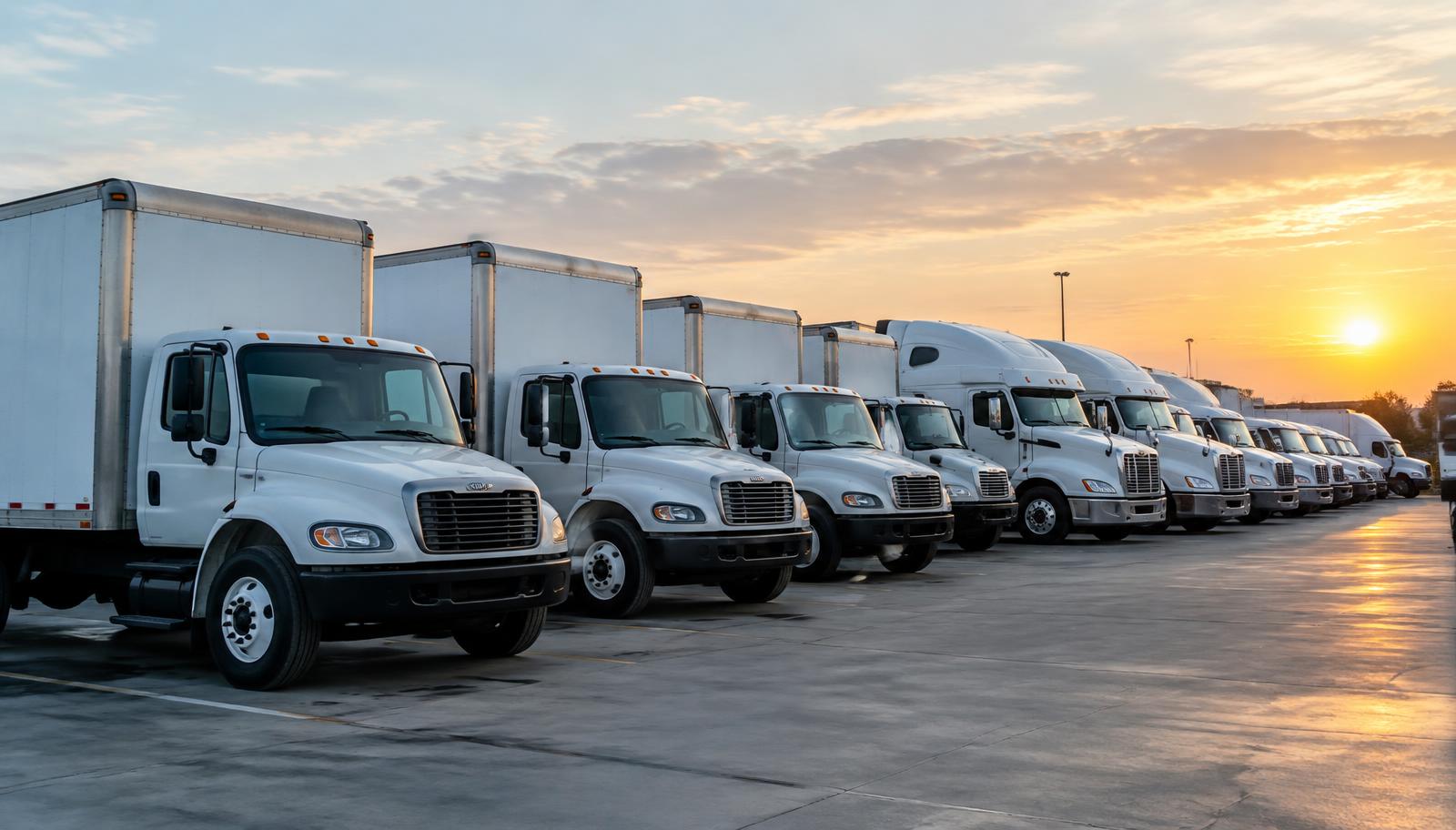 Row of box trucks and semi trucks at a fleet yard ready for dispatch