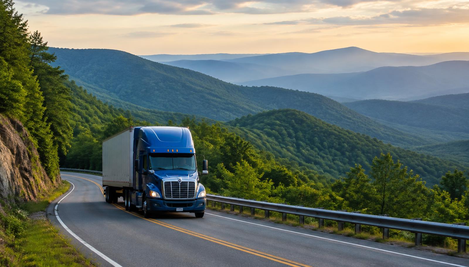 Semi truck on a mountain road in Virginia and West Virginia