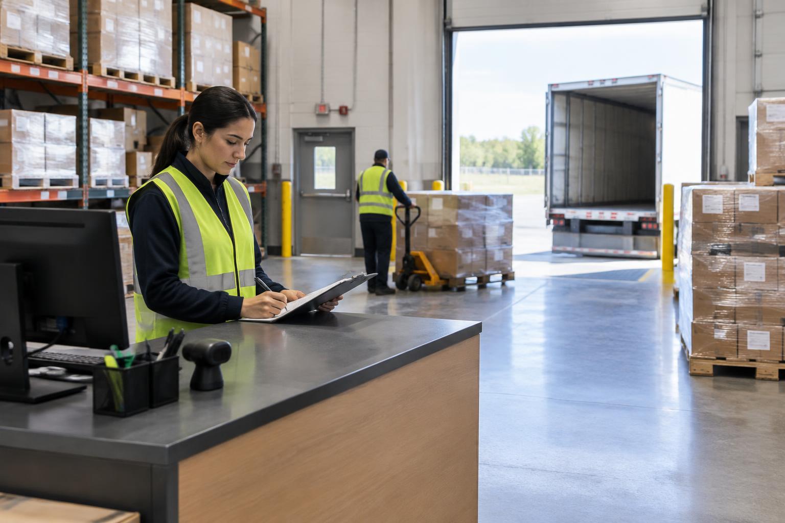 Warehouse receiving desk beside a loading door (representative generated image)