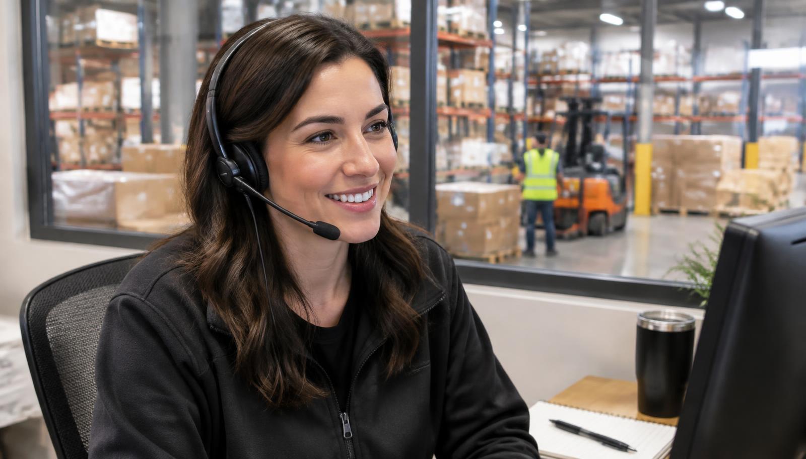 Warehouse dispatcher on a headset answering customer questions