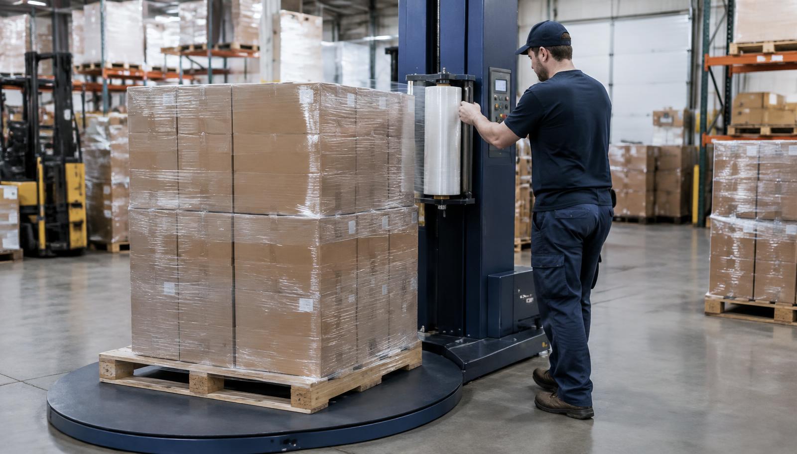 Warehouse worker stretch wrapping a pallet on a turntable wrapping machine